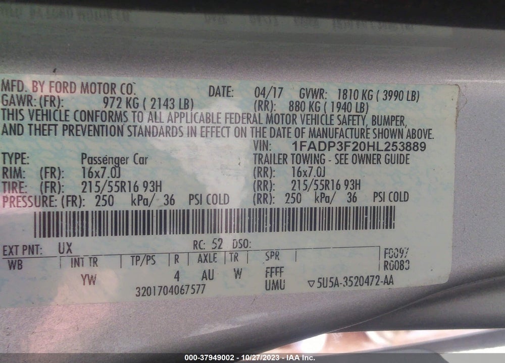 2017 FORD FOCUS SE VIN: 1FADP3F20HL253889