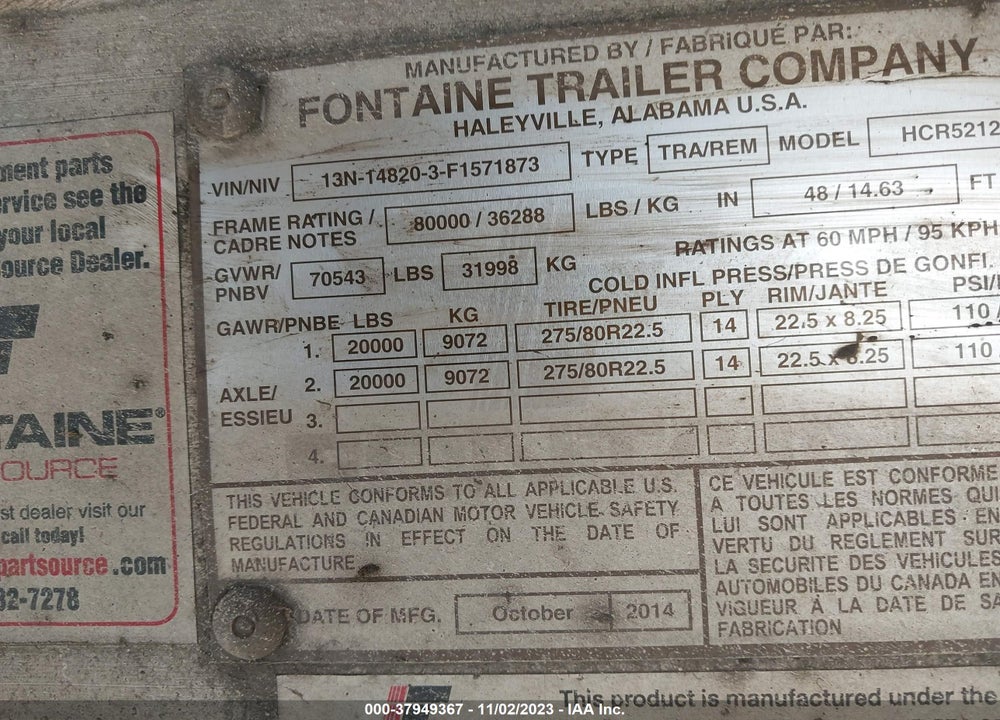 2015 FONTAINE TRAILER CO --- VIN: 13N148203F1571873