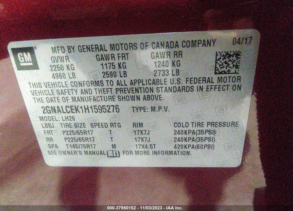 2017 CHEVROLET EQUINOX LT VIN: 2GNALCEK1H1595276
