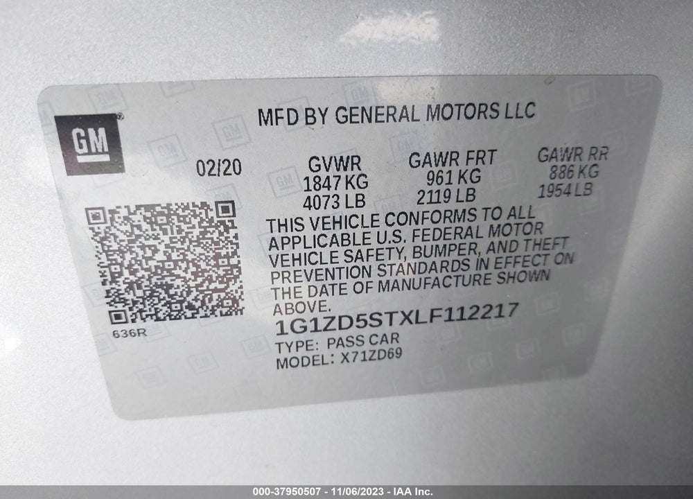 2020 CHEVROLET MALIBU FWD LT VIN: 1G1ZD5STXLF112217