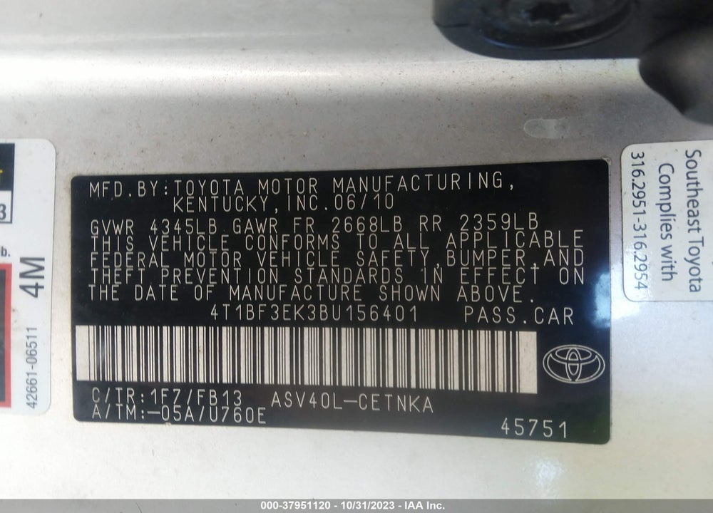 2011 TOYOTA CAMRY LE VIN: 4T1BF3EK3BU156401