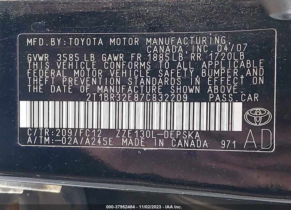2007 TOYOTA COROLLA S VIN: 2T1BR32E87C832209