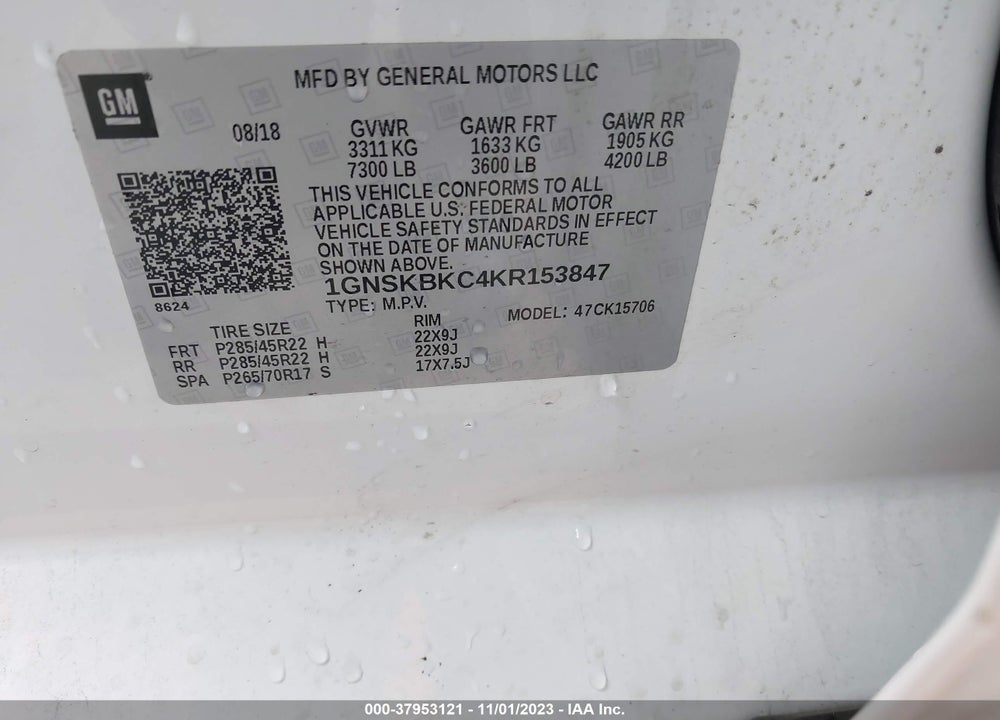 2019 CHEVROLET TAHOE LT VIN: 1GNSKBKC4KR153847