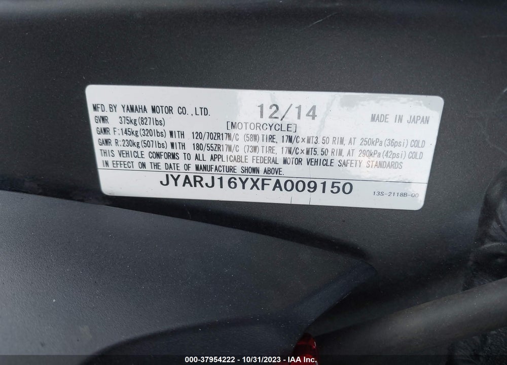 2015 YAMAHA YZFR6 C VIN: JYARJ16YXFA009150