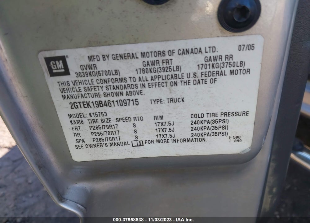 2006 GMC SIERRA 1500 SLE2 VIN: 2GTEK19B461109715