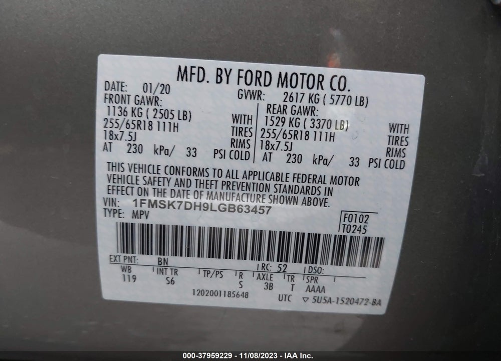 2020 FORD EXPLORER XLT VIN: 1FMSK7DH9LGB63457