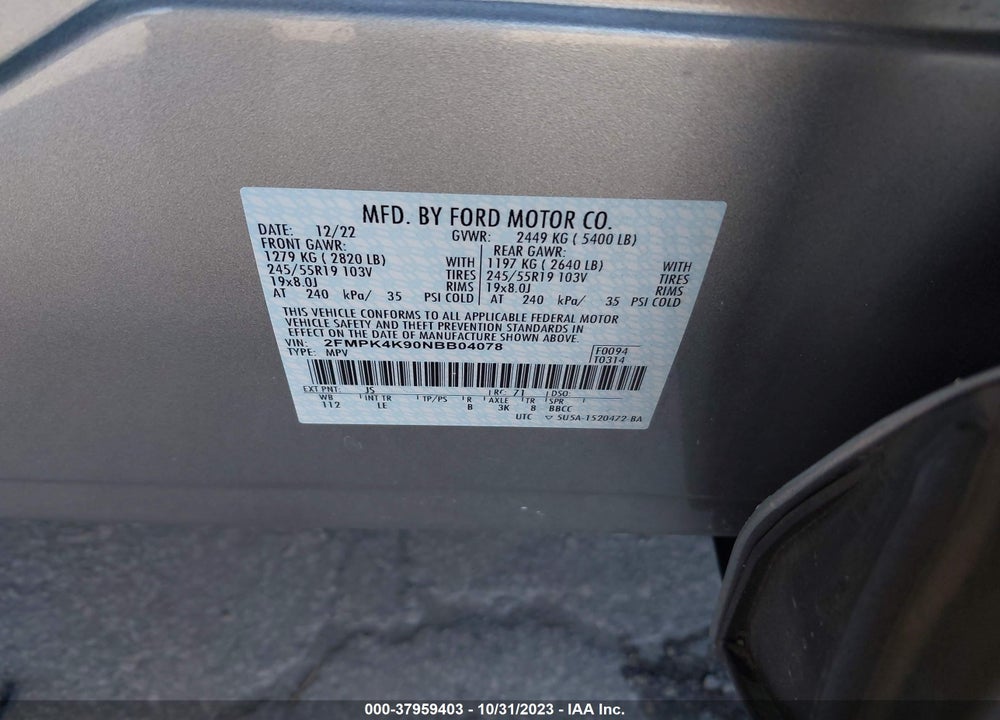 2022 FORD EDGE TITANIUM VIN: 2FMPK4K90NBB04078