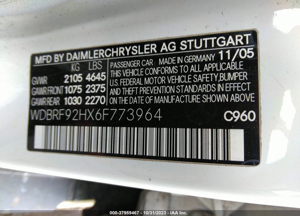 2006 MERCEDES-BENZ C 280 VIN: WDBRF92HX6F773964