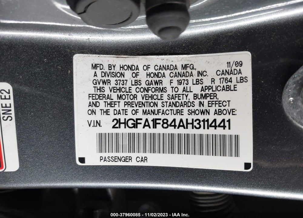 2010 HONDA CIVIC EX VIN: 2HGFA1F84AH311441