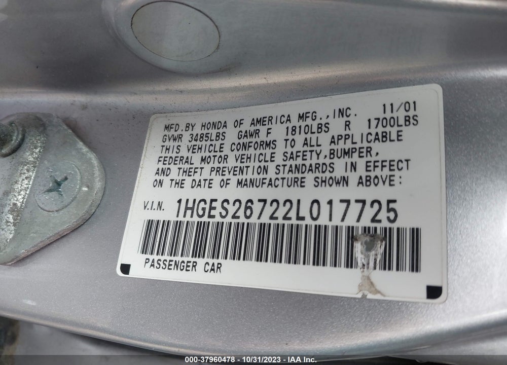 2002 HONDA CIVIC EX VIN: 1HGES26722L017725