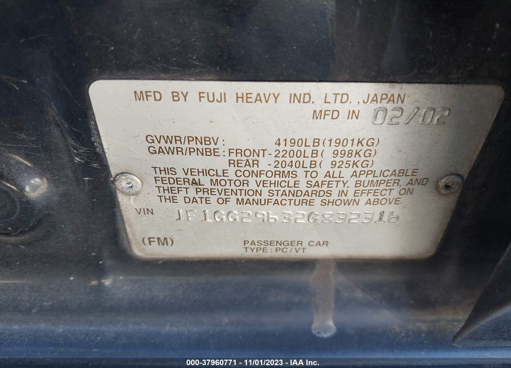 2002 SUBARU IMPREZA WRX SPORT VIN: JF1GG29632G832316