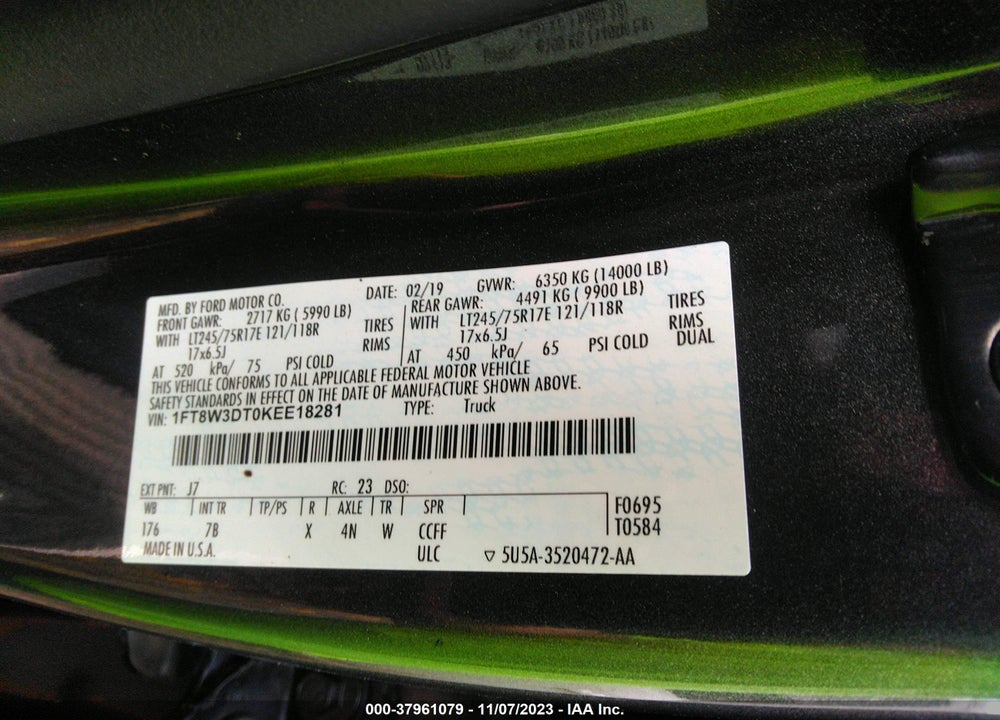2019 FORD F-350 PLATINUM VIN: 1FT8W3DT0KEE18281