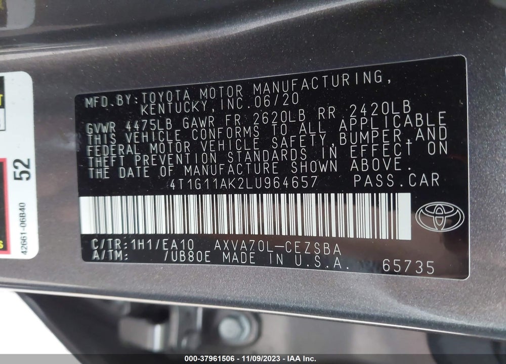 2020 TOYOTA CAMRY SE VIN: 4T1G11AK2LU964657