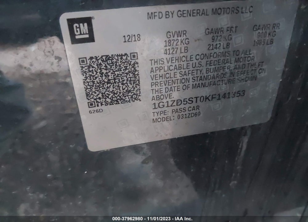 2019 CHEVROLET MALIBU VIN: 1G1ZD5ST0KF141353