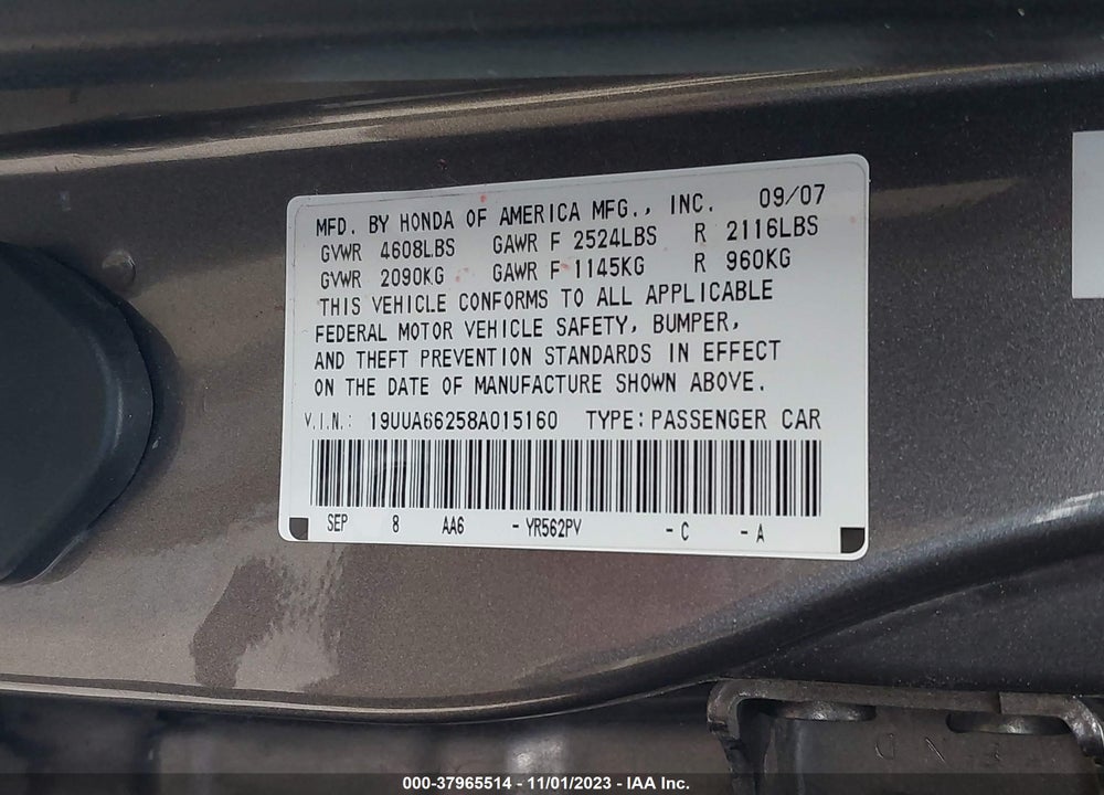 2008 ACURA TL 3.2 VIN: 19UUA66258A015160