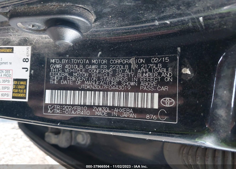 2015 TOYOTA PRIUS TWO VIN: JTDKN3DU7F0443019