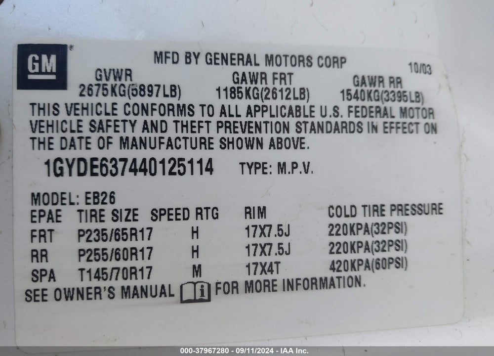 2004 CADILLAC SRX STANDARD VIN: 1GYDE637440125114