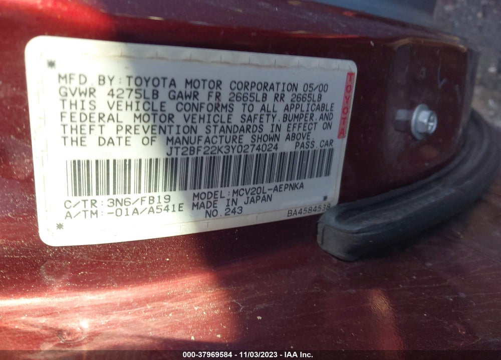 2000 TOYOTA CAMRY LE V6 VIN: JT2BF22K3Y0274024