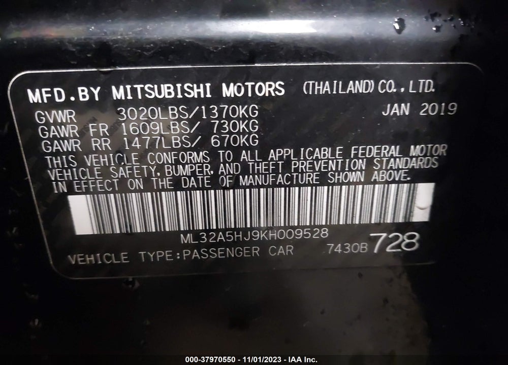2019 MITSUBISHI MIRAGE GT VIN: ML32A5HJ9KH009528