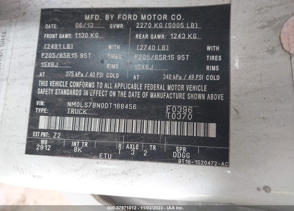 2013 FORD TRANSIT CONNECT XLT VIN: NM0LS7BN0DT168456