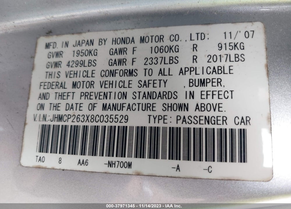 2008 HONDA ACCORD 2.4 LX VIN: JHMCP263X8C035529