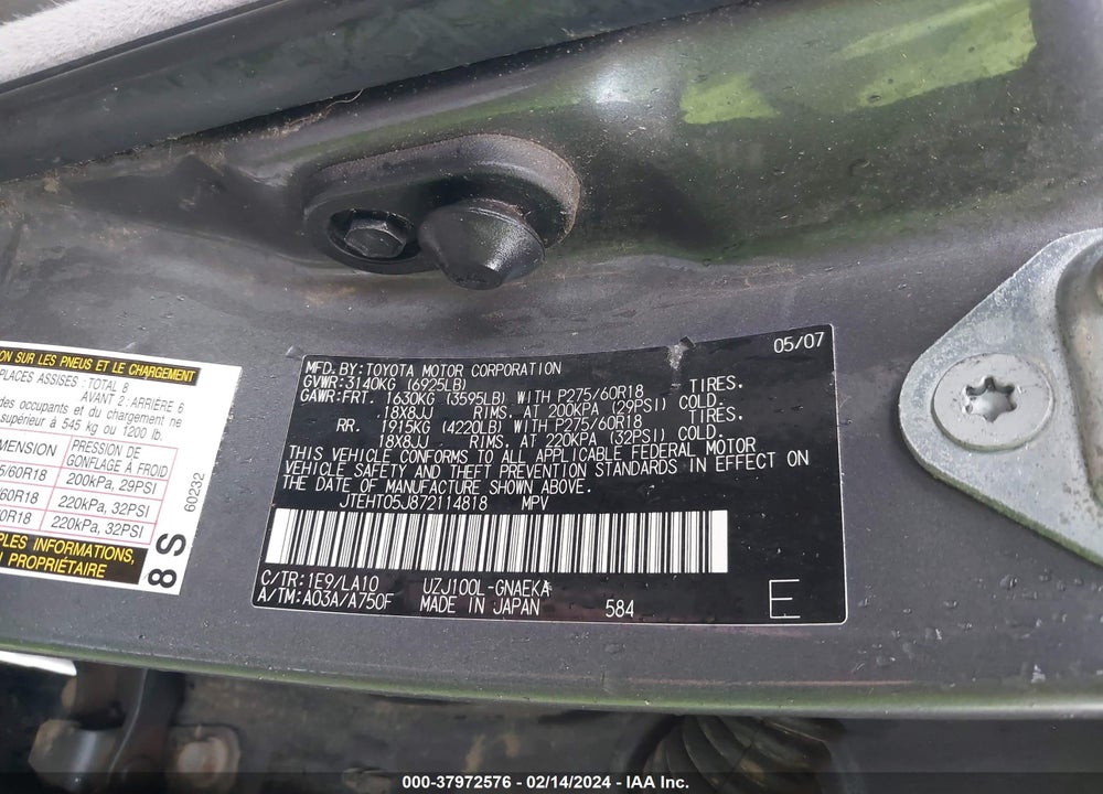 2007 TOYOTA LAND CRUISER V8 VIN: JTEHT05J872114818