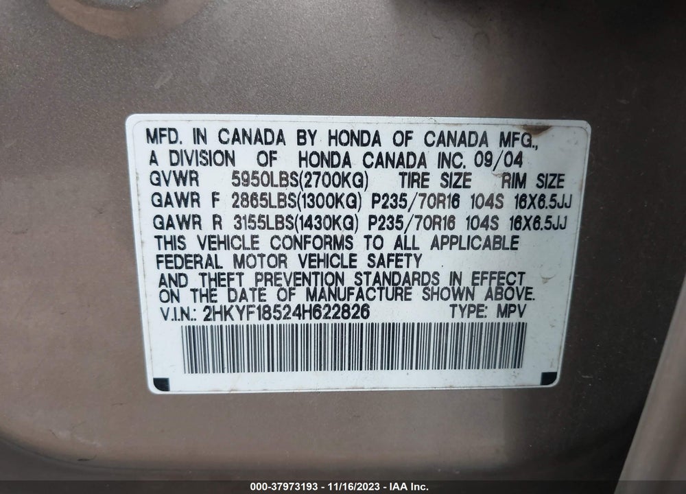 2004 HONDA PILOT EX-L VIN: 2HKYF18524H622826