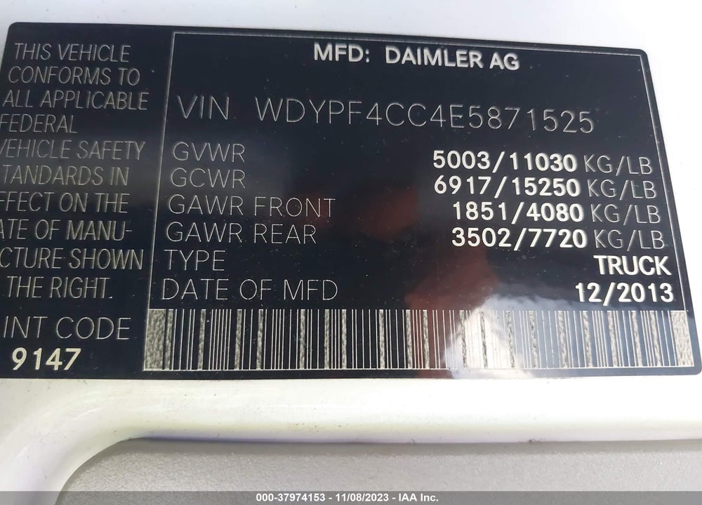 2014 FREIGHTLINER SPRINTER 3500 HIGH ROOF VIN: WDYPF4CC4E5871525