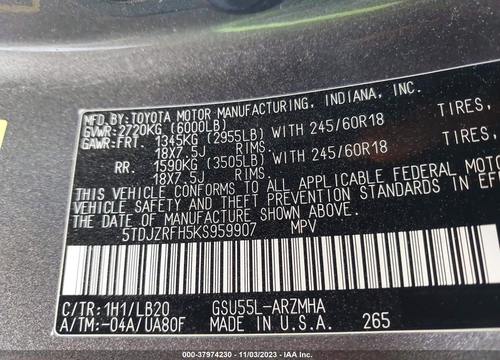 2019 TOYOTA HIGHLANDER XLE VIN: 5TDJZRFH5KS959907