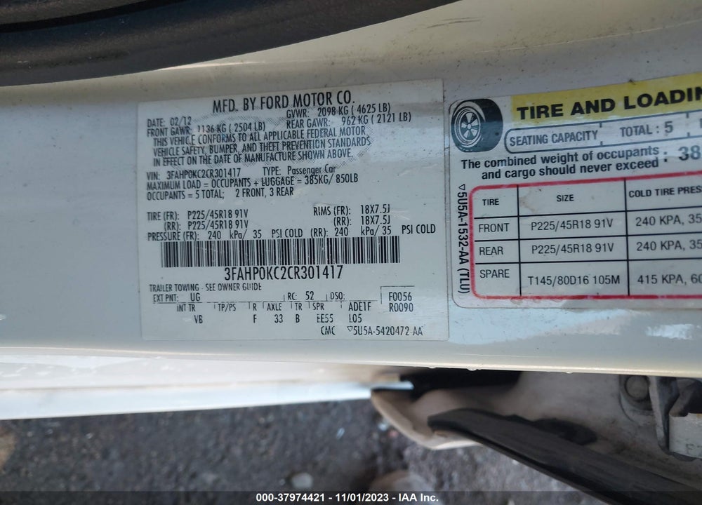 2012 FORD FUSION VIN: 3FAHP0KC2CR301417