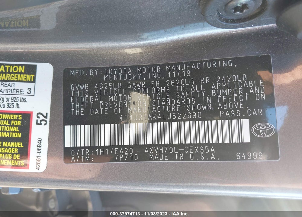 2020 TOYOTA CAMRY HYBRID SE VIN: 4T1J31AK4LU522690