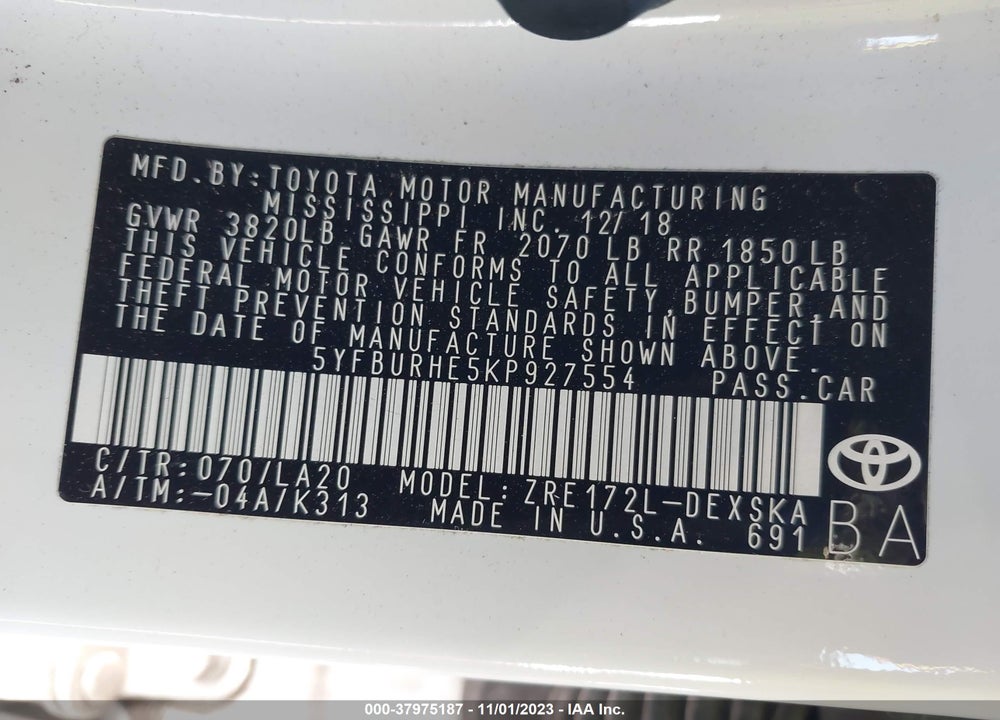 2019 TOYOTA COROLLA XSE/SE VIN: 5YFBURHE5KP927554