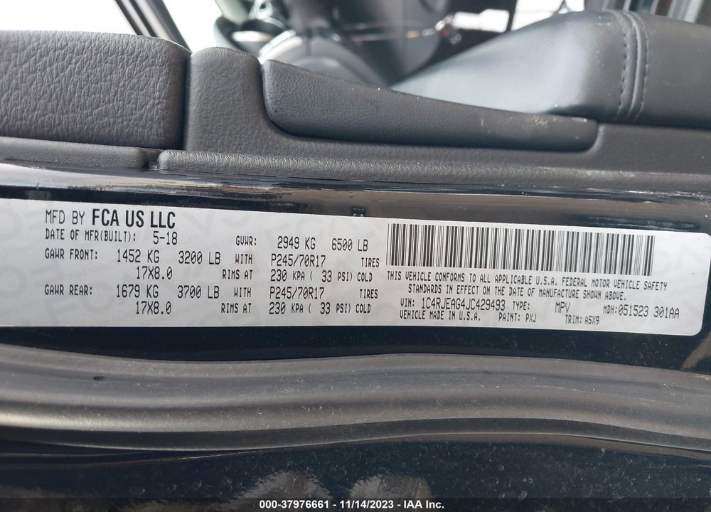 2018 JEEP GRAND CHEROKEE LAREDO E 4X2 VIN: 1C4RJEAG4JC429493