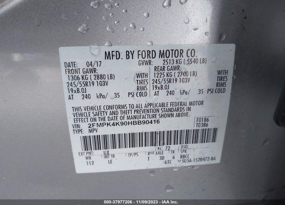 2017 FORD EDGE TITANIUM VIN: 2FMPK4K90HBB90416
