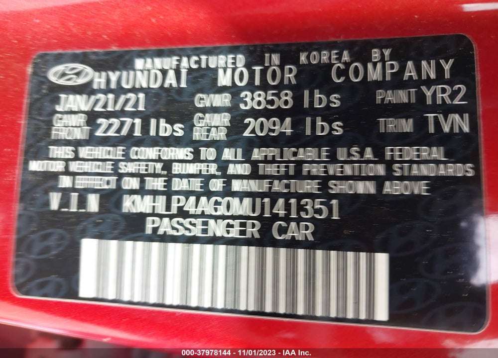 2021 HYUNDAI ELANTRA LIMITED VIN: KMHLP4AG0MU141351