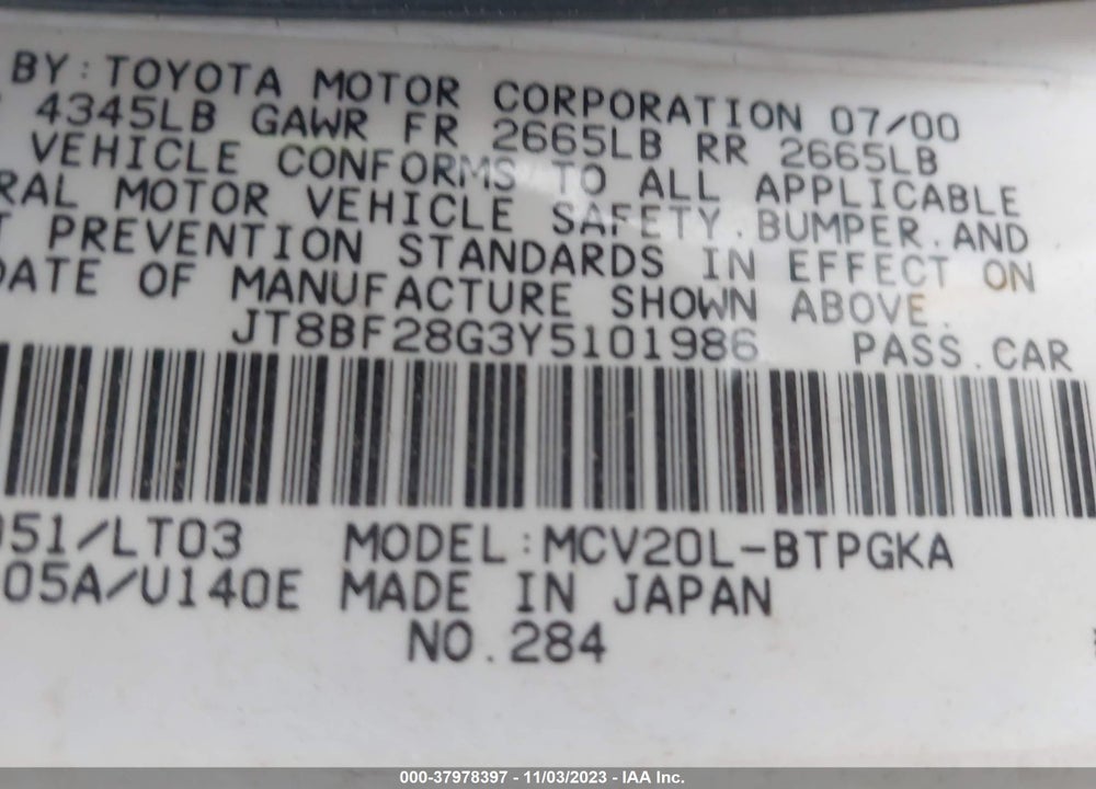 2000 LEXUS ES 300 VIN: JT8BF28G3Y5101986