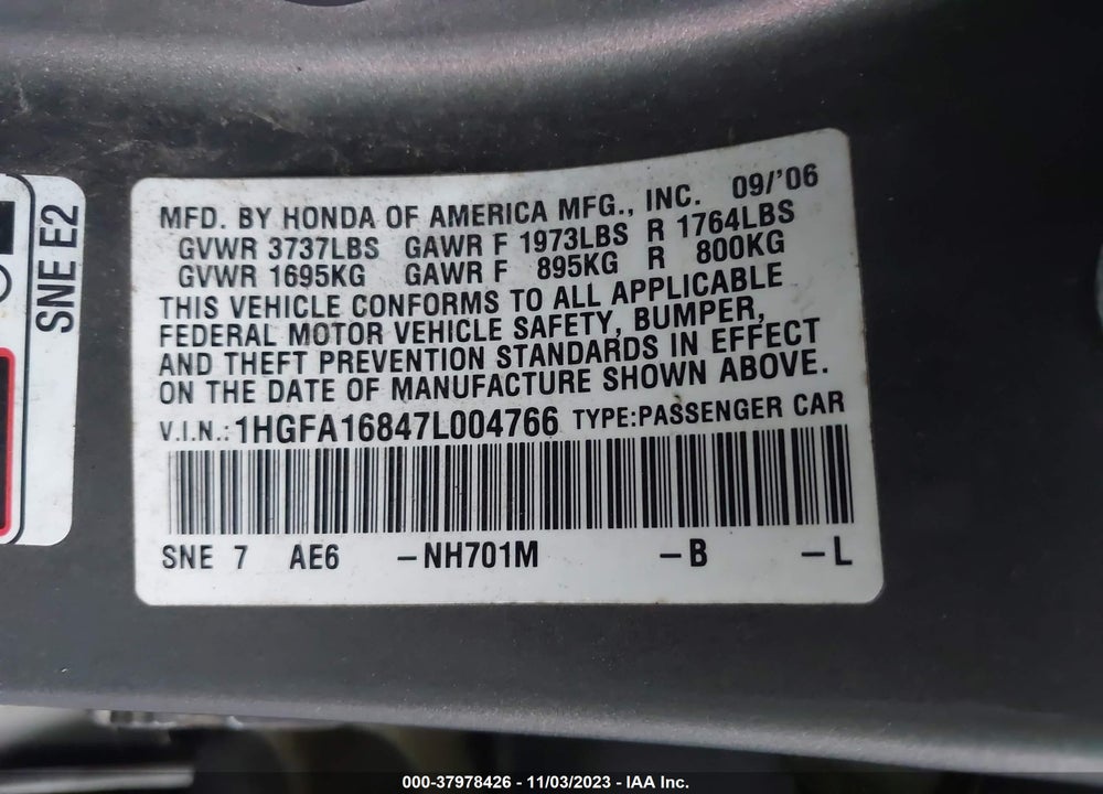 2007 HONDA CIVIC EX VIN: 1HGFA16847L004766