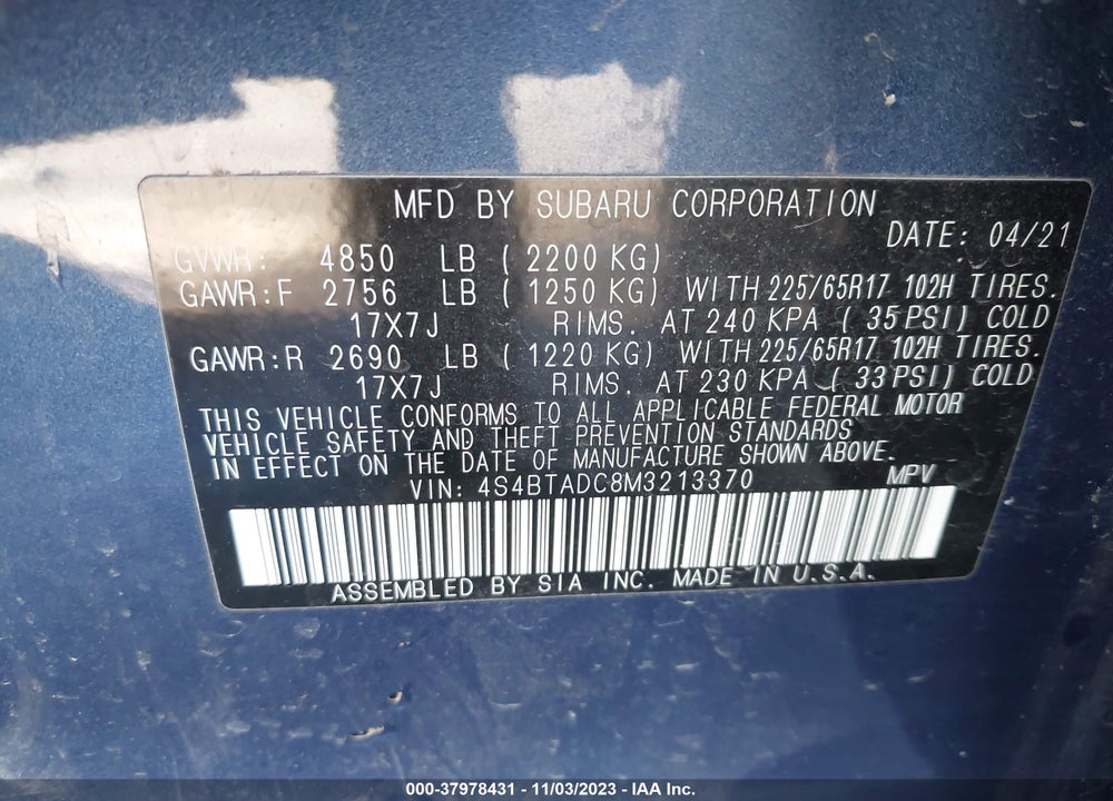 2021 SUBARU OUTBACK PREMIUM VIN: 4S4BTADC8M3213370