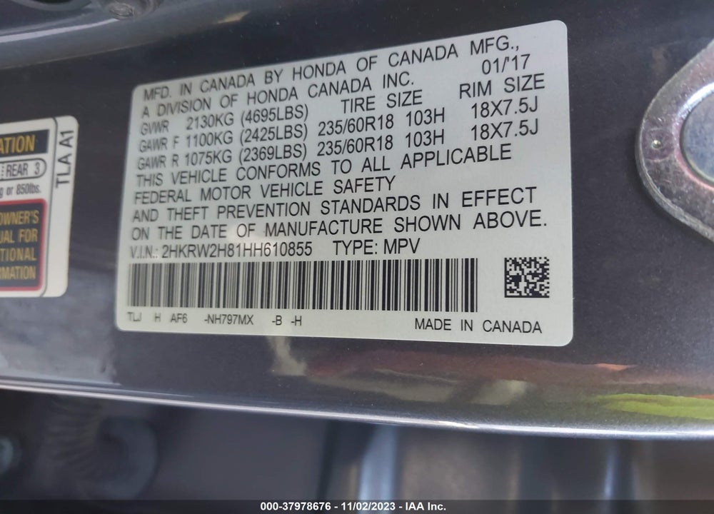 2017 HONDA CR-V EX-L/EX-L NAVI VIN: 2HKRW2H81HH610855