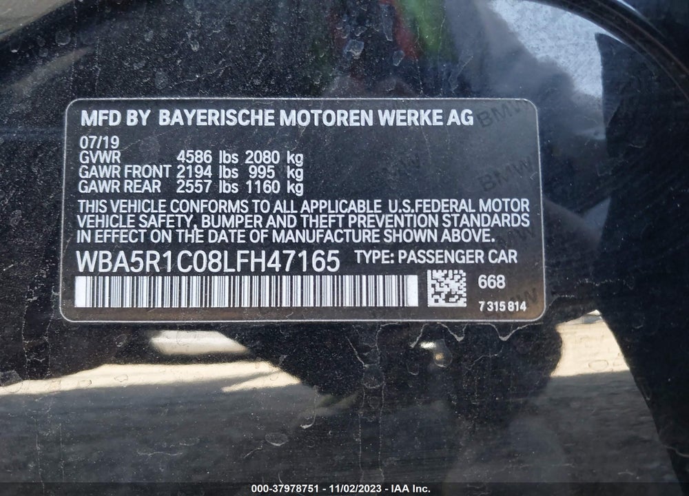 2020 BMW 3 SERIES 330I VIN: WBA5R1C08LFH47165