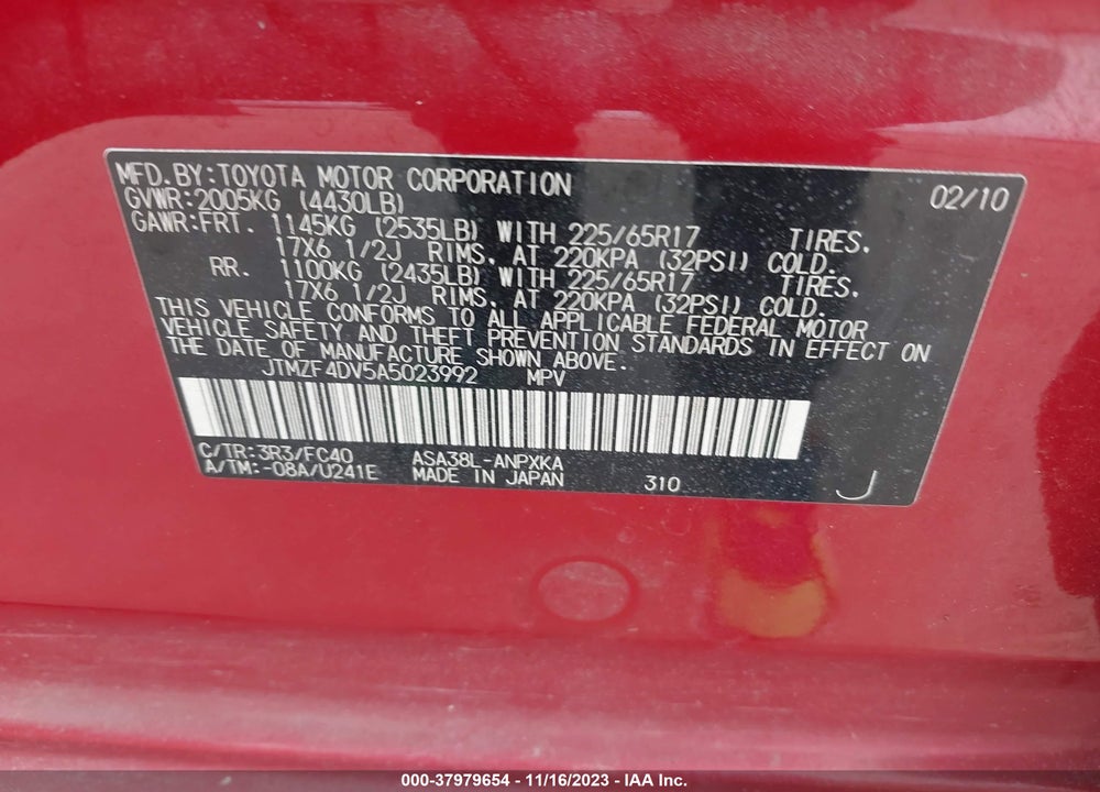 2010 TOYOTA RAV4 VIN: JTMZF4DV5A5023992