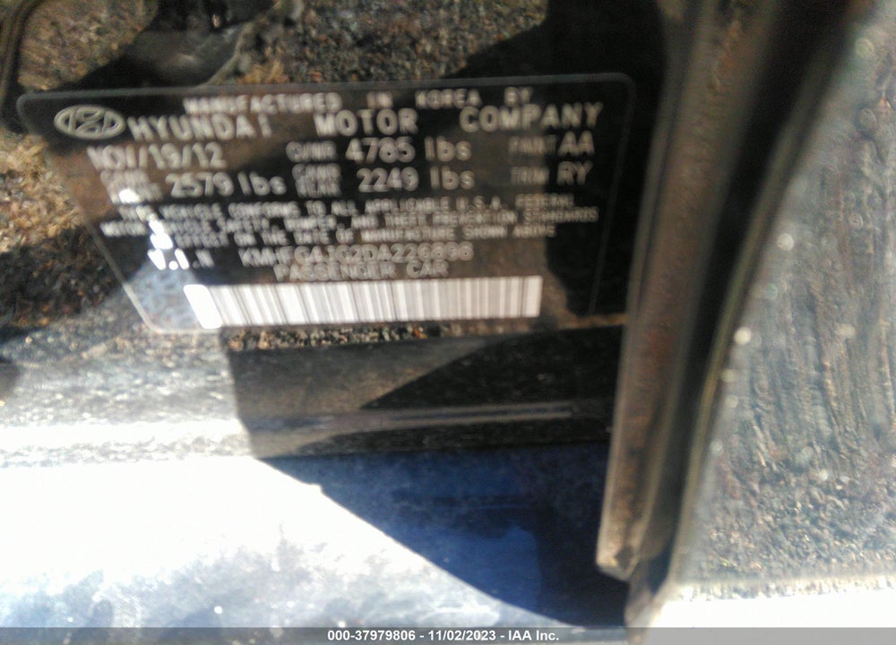 2013 HYUNDAI AZERA VIN: KMHFG4JG2DA226898