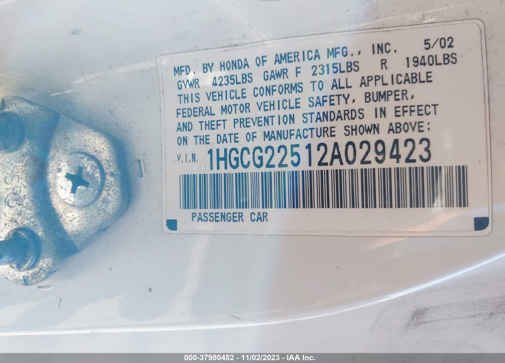 2002 HONDA ACCORD CPE EX W/LEATHER VIN: 1HGCG22512A029423