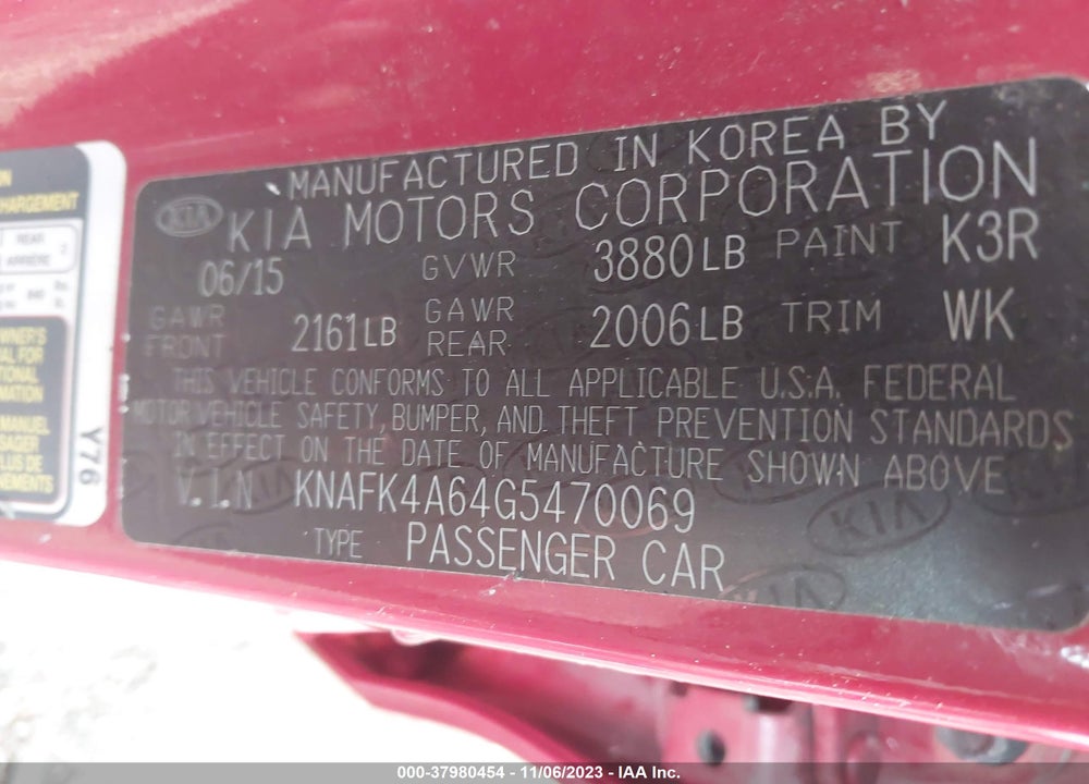 2016 KIA FORTE VIN: KNAFK4A64G5470069