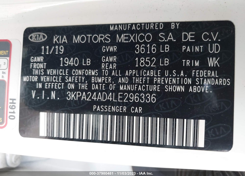 2020 KIA RIO S VIN: 3KPA24AD4LE296336