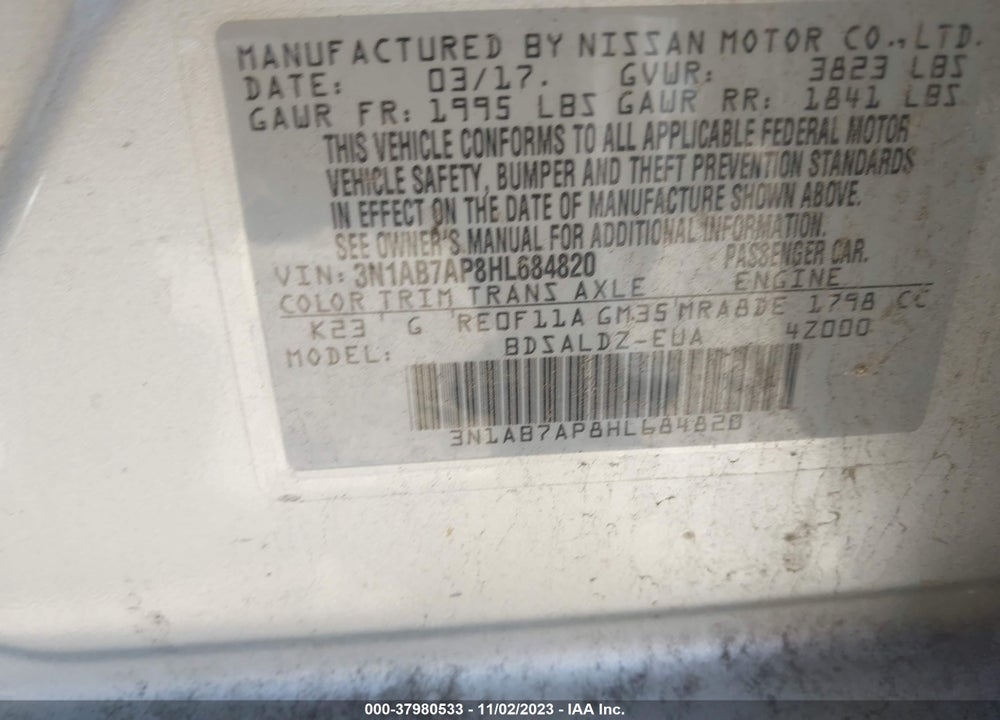 2017 NISSAN SENTRA SV VIN: 3N1AB7AP8HL684820