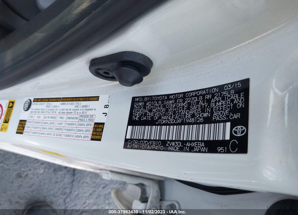 2015 TOYOTA PRIUS TWO VIN: JTDKN3DUXF1948126