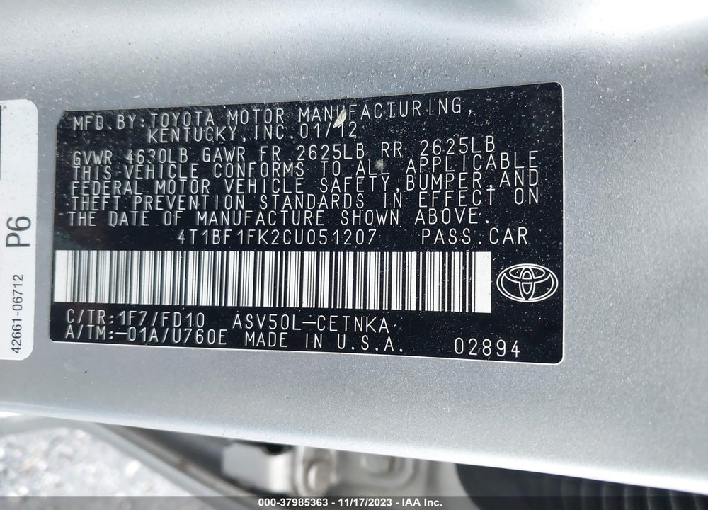 2012 TOYOTA CAMRY LE VIN: 4T1BF1FK2CU051207