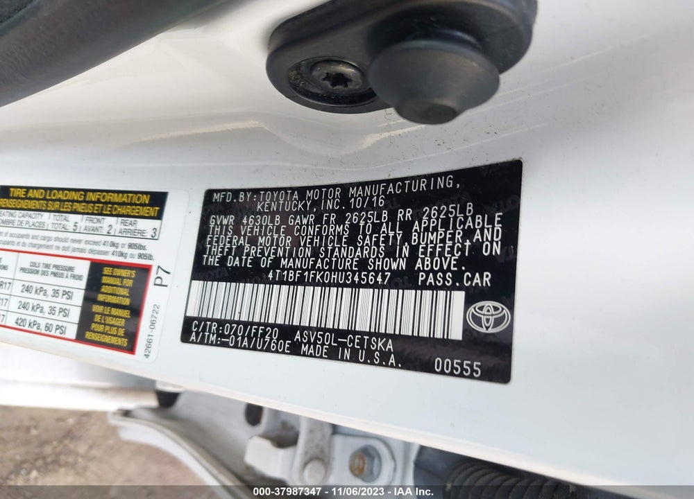 2017 TOYOTA CAMRY VIN: 4T1BF1FK0HU345647