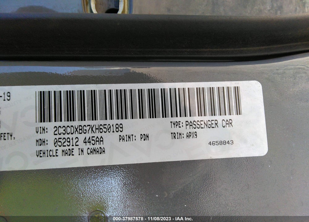2019 DODGE CHARGER SXT RWD VIN: 2C3CDXBG7KH650189